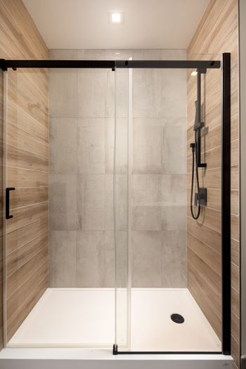 A modern bathroom with a walk-in shower